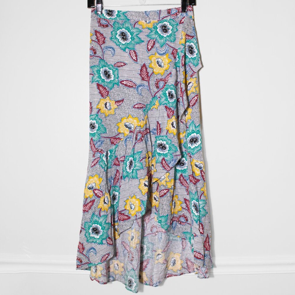 BCBGeneration Tropical Floral High-Low Wrap Ruffle Hem Skirt Multi Color XS